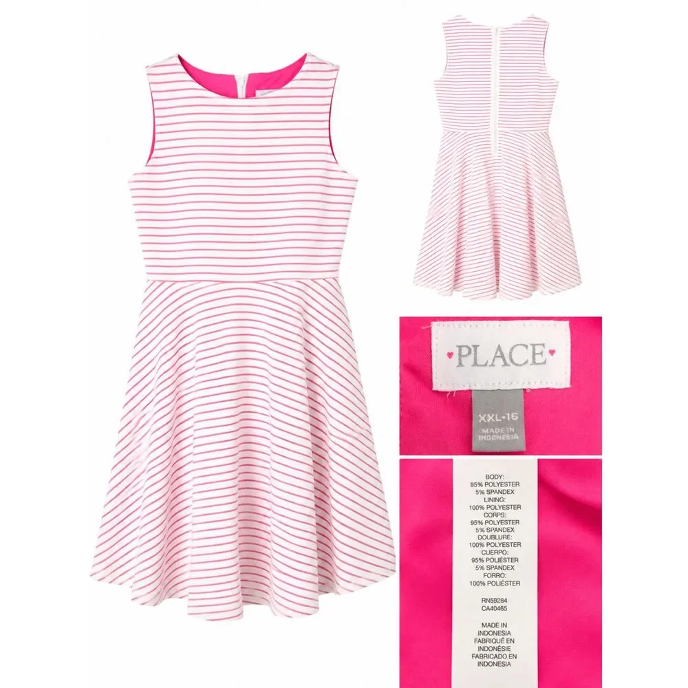 Girls The Children’s Place Pink & White Striped Fit & Flare Dress Size XXL 16